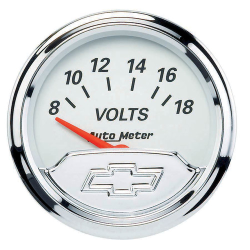 Autometer 1391-00408 Voltmeter, Chevrolet Heritage Bowtie, 8-18V, Electric, Analog, Short Sweep, 2-1/16 in Diameter, Chrome Bowtie Logo, White Face, Each