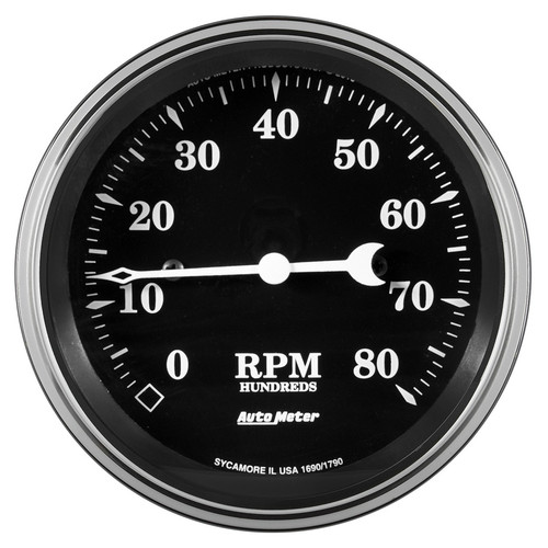 Autometer 1790 Tachometer, Old Tyme Black, 8000 RPM, Electric, Analog, 3-3/8 in Diameter, Dash Mount, Black Face, Each
