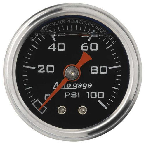 Autometer 2174 Pressure Gauge, Auto Gage, 0-100 psi, Mechanical, Analog, 1-1/2 in Diameter, Liquid Filled, 1/8 in NPT Port, Black Face, Each