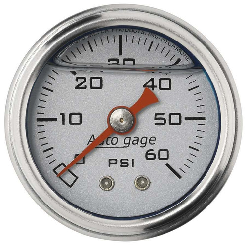 Autometer 2179 Pressure Gauge, Auto Gage, 0-60 psi, Mechanical, Analog, 1-1/2 in Diameter, Liquid Filled, 1/8 in NPT Port, Silver Face, Each