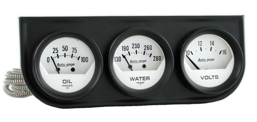 Autometer 2324 Gauge Panel Assembly, Auto Gage, Analog, Oil Pressure / Voltmeter / Water Temperature, 2-1/16 in Diameter, White Face, Kit