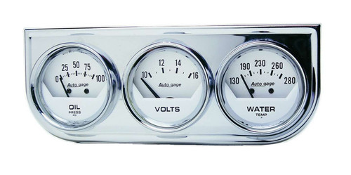 Autometer 2325 Gauge Panel Assembly, Auto Gage, Analog, Oil Pressure / Voltmeter / Water Temperature, 2-1/16 in Diameter, White Face, Kit