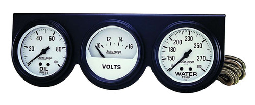 Autometer 2328 Gauge Panel Assembly, Auto Gage, Analog, Oil Pressure / Voltmeter / Water Temperature, 2-5/8 in Diameter, White Face, Kit