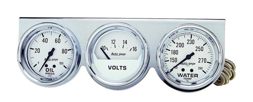 Autometer 2329 Gauge Panel Assembly, Auto Gage, Analog, Oil Pressure / Voltmeter / Water Temperature, 2-5/8 in Diameter, White Face, Kit