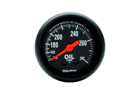 Autometer 2609 Oil Temperature Gauge, Z-series, 140-280 Degree F, Mechanical, Analog, Full Sweep, 2-1/16 in Diameter, Black Face, Each