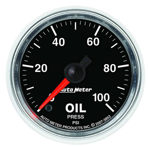 Autometer 3853 Oil Pressure Gauge, GS, 0-100 psi, Electric, Analog, Full Sweep, 2-1/16 in Diameter, Black Face, Each