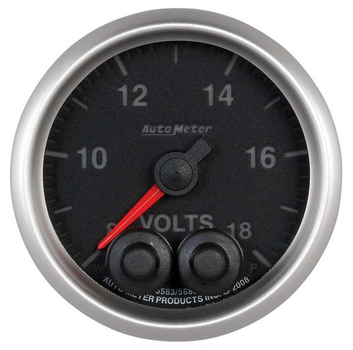 Autometer 5683 Voltmeter, Elite Series, 8-18V, Electric, Analog, Full Sweep, 2-1/16 in Diameter, Peak and Warn, Black Face, Each