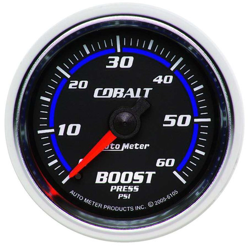 Autometer 6105 Boost Gauge, Cobalt, 0-60 psi, Mechanical, Analog, 2-1/16 in Diameter, Black Face, Each