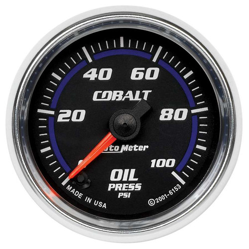 Autometer 6153 Oil Pressure Gauge, Cobalt, 0-100 psi, Electric, Analog, Full Sweep, 2-1/16 in Diameter, Black Face, Each