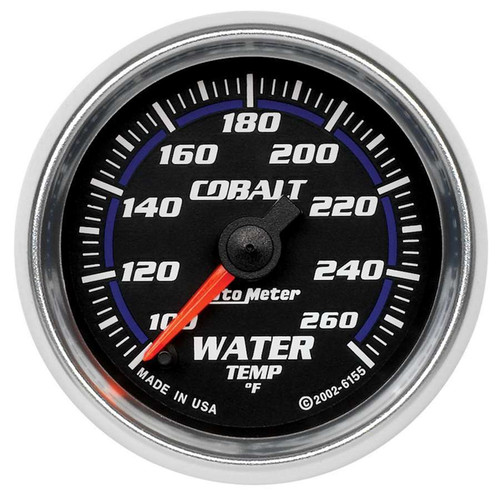 Autometer 6155 Water Temperature Gauge, Cobalt, 100-260 Degree F, Electric, Analog, Full Sweep, 2-1/16 in Diameter, Black Face, Each