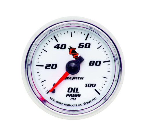 Autometer 7121 Oil Pressure Gauge, C2, 0-100 psi, Mechanical, Analog, Full Sweep, 2-1/16 in Diameter, White Face, Each