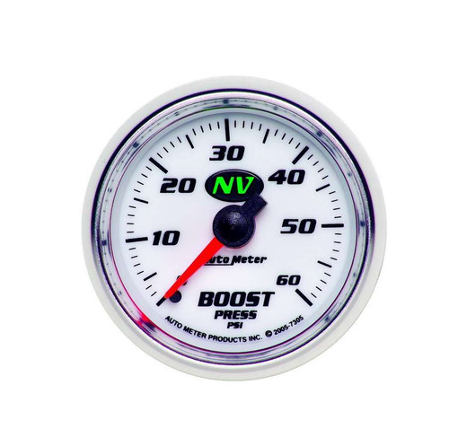 Autometer 7305 Boost Gauge, NV, 0-60 psi, Mechanical, Analog, 2-1/16 in Diameter, White Face, Each
