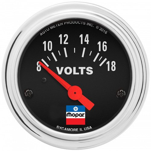 Autometer 880788 Voltmeter, Mopar Classic, 8-18V, Electric, Analog, Short Sweep, 2-1/16 in Diameter, Black Face, Each