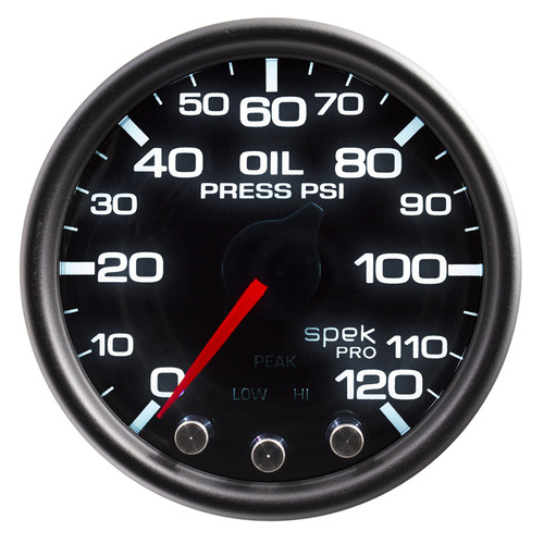 Autometer P32552 Oil Pressure Gauge, Spek-Pro, Stepper Motor, 0-120 psi, Electric, Analog, Full Sweep, 2-1/16 in Diameter, Black Face, Each