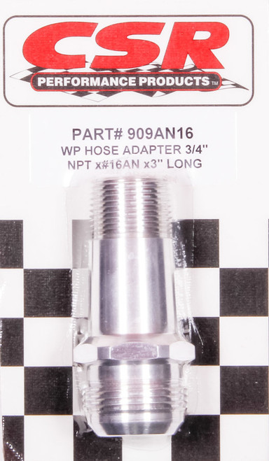 CSR Performance 909AN16 Fitting, Water Pump, 16 AN Male to 3/4 in NPT Male, 3-1/2 in Long, Aluminum, Clear Anodized, Each