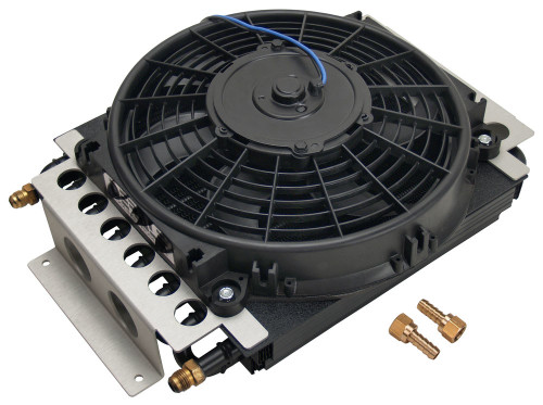 Derale 13700 Fluid Cooler and Fan, 15.750 x 11.500 x 5 in, Tube Type, 6 AN Male Inlet / Outlet, Fittings, Aluminum / Copper, Black Powder Coat, Universal, Each