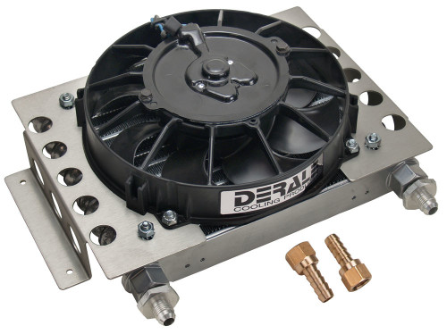 Derale 13750 Fluid Cooler and Fan, 12.750 x 9.375 x 4.313 in, Plate and Fin Type, 5/8-18 in Female O-Ring Inlet / Outlet, 6 AN Male Adapters, Fittings, Aluminum, Black Powder Coat, Universal, Each