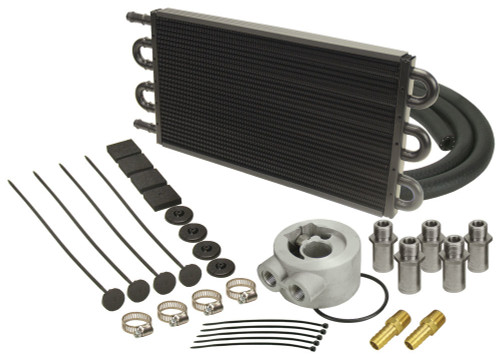 Derale 15502 Fluid Cooler, 16.625 x 7.625 x 0.750 in, Tube Type, 1/2 in Hose Barb Inlet / Outlet, Fittings / Hardware / Hose, Aluminum / Copper, Black Powder Coat, Engine Oil, Kit