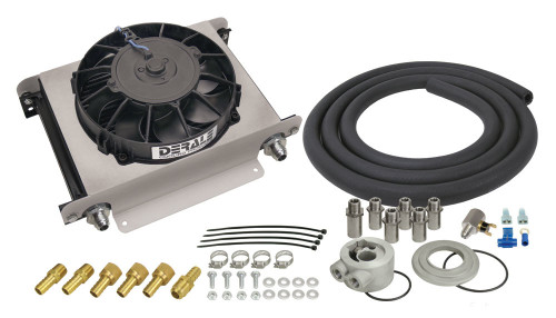 Derale 15660 Fluid Cooler and Fan, 13 x 10 x 5.625 in, Plate Type, 10 AN Female O-Ring Inlet / Outlet, 8 AN Male Adapters, Adapter / Fittings / Hardware / Hose, Aluminum, Black Powder Coat, Engine Oil, Kit