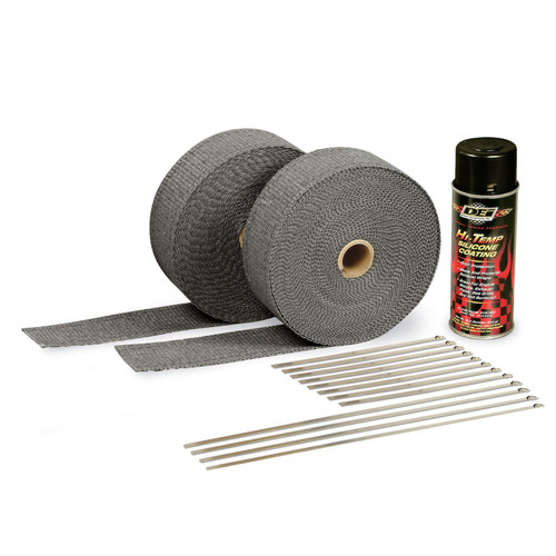 Design Engineering 10110 Exhaust Wrap Kit, Automotive, 2 in Wide, Two 50 ft Rolls, Silicone Coating, Stainless Locking Ties, Woven Fiberglass, Black, Kit