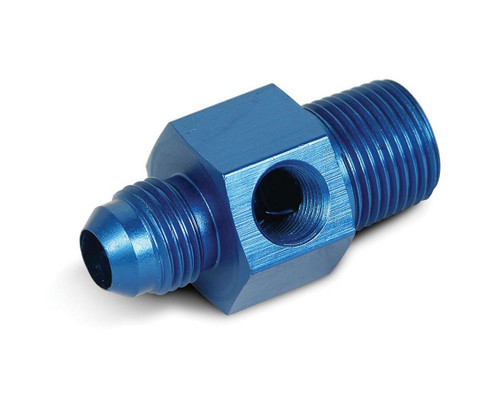 Earls 100194ERL Fitting, Gauge Adapter, Straight, 6 AN Male to 3/8 in NPT Male, 1/8 in NPT Gauge Port, Aluminum, Blue Anodized, Each