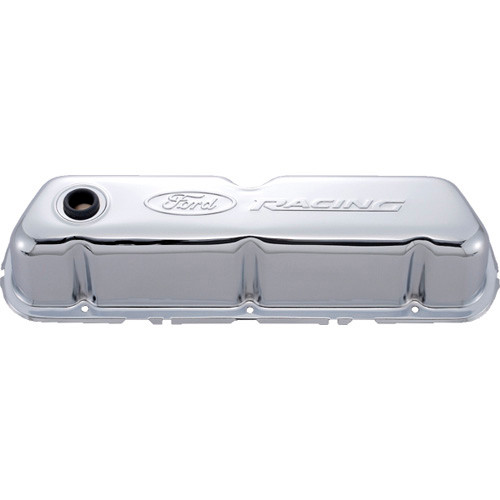 Ford 302-070 Valve Cover, Stock Height, Baffled, Breather Hole, Ford Racing Logo, Steel, Chrome, Small Block Ford, Pair