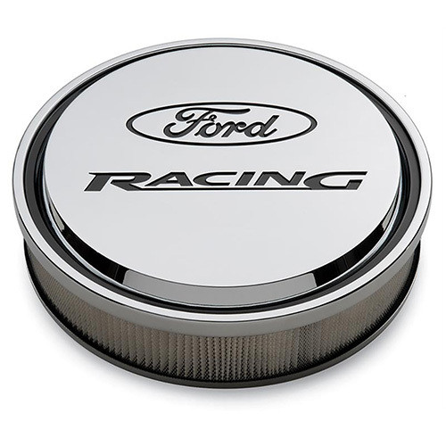 Ford 302-384 Air Cleaner Assembly, Slant-Edge, 13 in Round, 2-3/4 in Element, 5-1/8 in Carb Flange, Drop Base, Ford Racing Logo, Aluminum, Chrome, Kit