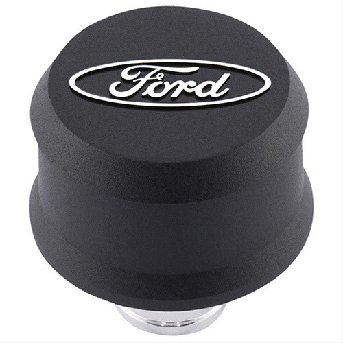 Ford 302-435 Breather, Slant-Edge, Push-In, Round, 1-1/4 in Hole, Raised Ford Oval Logo, Aluminum, Black Crinkle Powder Coat, Each