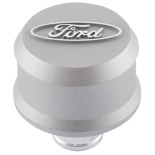 Ford 302-437 Breather, Slant-Edge, Push-In, Round, 1-1/4 in Hole, Raised Ford Oval Logo, Aluminum, Gray Crinkle Powder Coat, Each