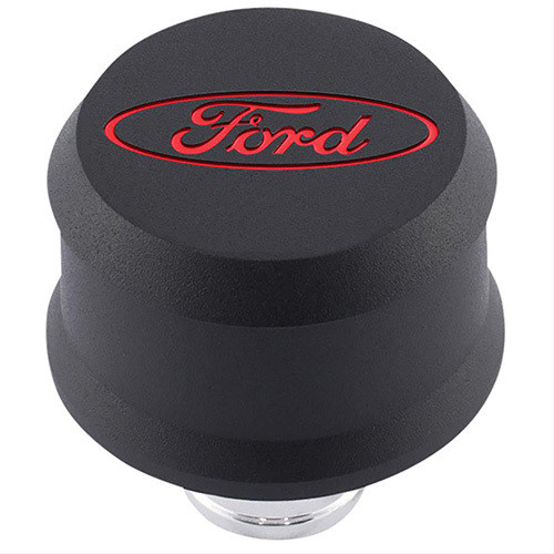 Ford 302-440 Breather, Slant-Edge, Push-In, Round, 1-1/4 in Hole, Recessed Ford Oval Logo, Aluminum, Black Crinkle Powder Coat, Each