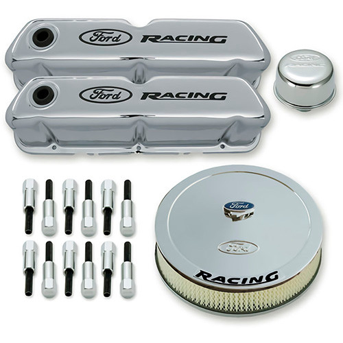 Ford 302-510 Engine Dress Up Kit, Air Cleaner / Tall Valve Covers / Breather / Hardware, Recessed Ford Racing Logo, Steel, Chrome, Small Block Ford, Kit