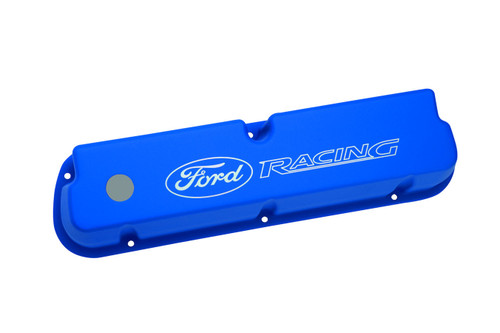Ford M-6582-LE302BL Valve Cover, Tall, Baffled, Breather Hole, Oil Fill Cap, Ford Racing Logo, Aluminum, Blue Powder Coat, Small Block Ford, Pair