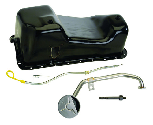 Ford M-6675-A58 Engine Oil Pan Kit, Rear Sump, 5 qt, Dipstick / Gasket / Pickup Included, Steel, Black Paint, Small Block Ford, Ford Mustang 1979-1995, Kit