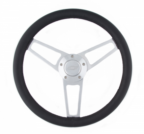 Grant 1901 Steering Wheel, Billet Series for Chevrolet, 14-3/4 in Diameter, 1/2 in Dish, 3-Spoke, Black Leather Grip, Chevrolet Bowtie Logo, Billet Aluminum, Polished, Each