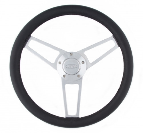 Grant 1903 Steering Wheel, Billet Series for Ford, 14-3/4 in Diameter, 1/2 in Dish, 3-Spoke, Black Leather Grip, Ford Oval Logo, Billet Aluminum, Polished, Each