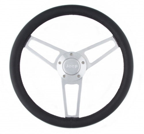 Grant 1904 Steering Wheel, Billet Series for Jeep, 14-3/4 in Diameter, 1/2 in Dish, 3-Spoke, Black Leather Grip, Jeep Logo, Billet Aluminum, Polished, Each