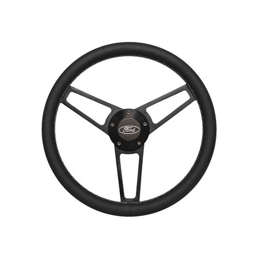 Grant 1908 Steering Wheel, Billet Series for Ford, 14-3/4 in Diameter, 1/2 in Dish, 3-Spoke, Black Leather Grip, Ford Oval Logo, Billet Aluminum, Black Anodized, Each