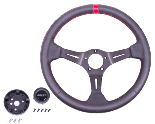 Grant 692 Steering Wheel, Performance and Race, 13-3/4 in Diameter, 3-1/2 in Dish, 3-Spoke, Black Leather Grip, Aluminum, Black Anodized, Each