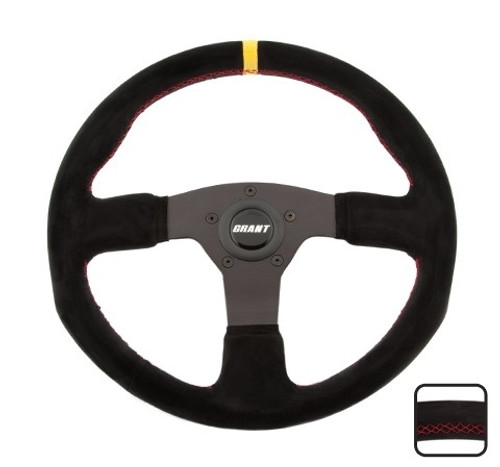 Grant 8547 Steering Wheel, Suede Series, 13-3/4 in Diameter, 1 in Dish, 3-Spoke, Black Suede Grip, Yellow Stripe, Aluminum, Black Anodized, Each