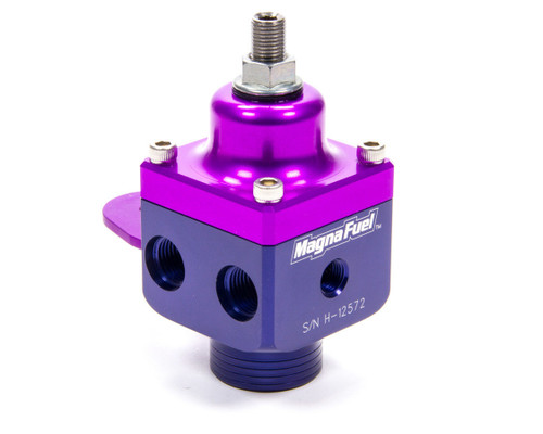 Magnafuel/Magnaflow Fuel Systems MP-9433 Fuel Pressure Regulator, 4 Port, 4 to 12 psi, In-Line, 10 AN O-Ring Inlet, Four 6 AN O-Ring Outlets, 1/8 in NPT Port, Aluminum, Blue / Purple Anodized, E85 / Gas / Methanol, Each