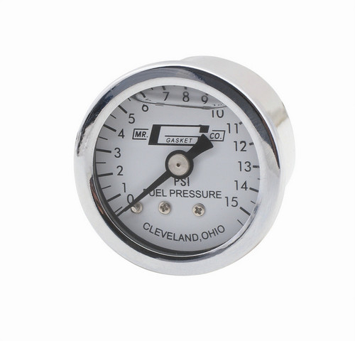 Mr. Gasket 1563 Fuel Pressure Gauge, 0-15 psi, Mechanical, Analog, Full Sweep, 1-1/2 in Diameter, Liquid Filled, 1/8 in NPT Port, White Face, Each