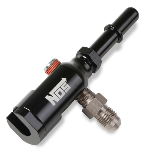 Nitrous Oxide Systems 17002NOS Fitting, Fuel Line Adapter, 3/8 in SAE Female / Male Quick Connects x Three 1/8 in NPT Ports, 4 AN Fittings / 1/8 in NPT Plug Included, Aluminum, Black Anodized, Each