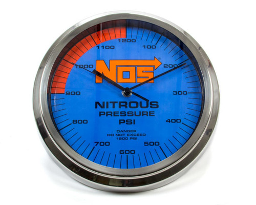 Nitrous Oxide Systems 19350NOS Wall Clock, 10 in Diameter, NOS Logo / Gauge, Blue Face, Chrome Ring, Each