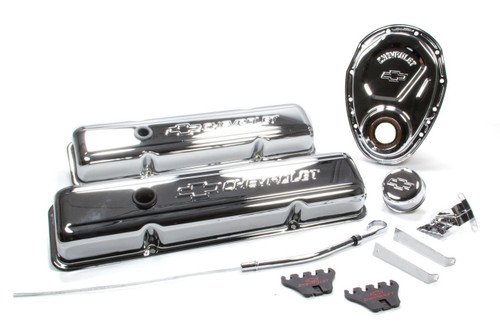 Proform 141-001 Engine Dress Up Kit, Breather / Dipstick / Short Valve Covers / Timing Cover / Timing Tab / Wire Loom, Chevy Logo, Steel, Chrome, Small Block Chevy, Kit