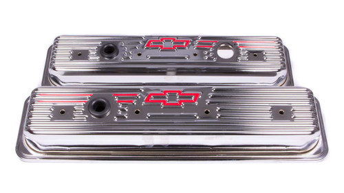 Proform 141-107 Valve Cover, Short, Baffled, Breather Hole, Bowtie Logo, Steel, Chrome, Center Bolt, Small Block Chevy, Pair