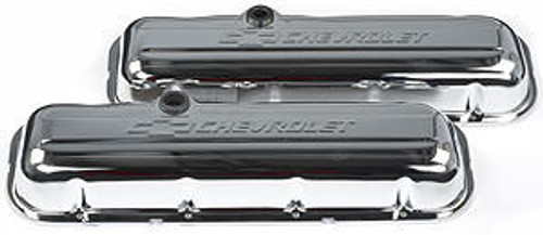 Proform 141-114 Valve Cover, Short, Baffled, Breather Hole, Chevrolet Bowtie Logo, Steel, Chrome, Big Block Chevy, Pair