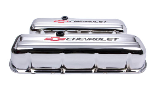 Proform 141-813 Valve Cover, Tall, Baffled, Breather Hole, Chevrolet Bowtie Logo, Steel, Chrome, Big Block Chevy, Pair