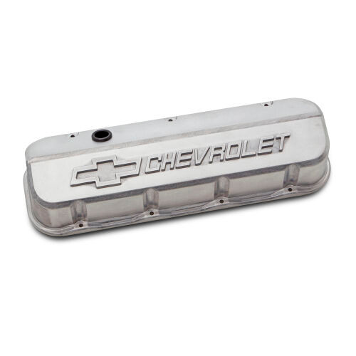 Proform 141-869 Valve Cover, Slant-Edge, Tall, Baffled, Breather Hole, Raised Chevrolet Logo, Aluminum, Natural, Big Block Chevy, Pair