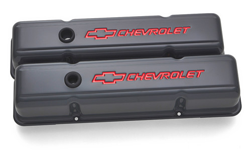 Proform 141-881 Valve Cover, Tall, Baffled, Breather Hole, Chevrolet Bowtie Logo, Steel, Gray Paint, Small Block Chevy, Pair