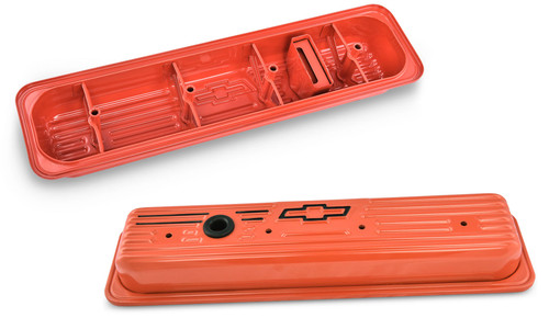 Proform 141-918 Valve Cover, Short, Baffled, Breather Hole, Chevrolet Bowtie Logo, Steel, Orange Powder Coat, Small Block Chevy, Pair